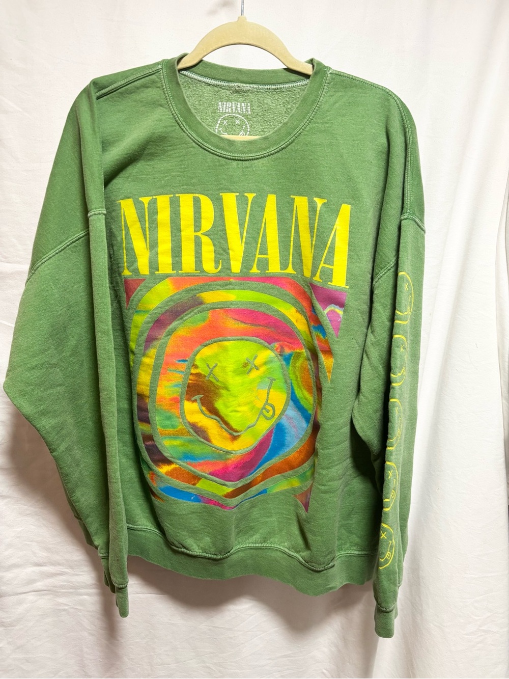 NIRVANA Green Crewneck Sweatshirt with Multicolor Smiley Graphic